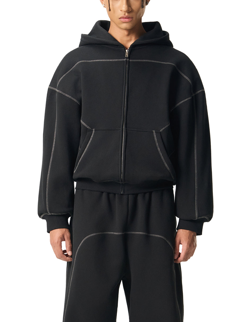 CHP-Contrast-Stitched Boxy Fleece Zip Hoodie