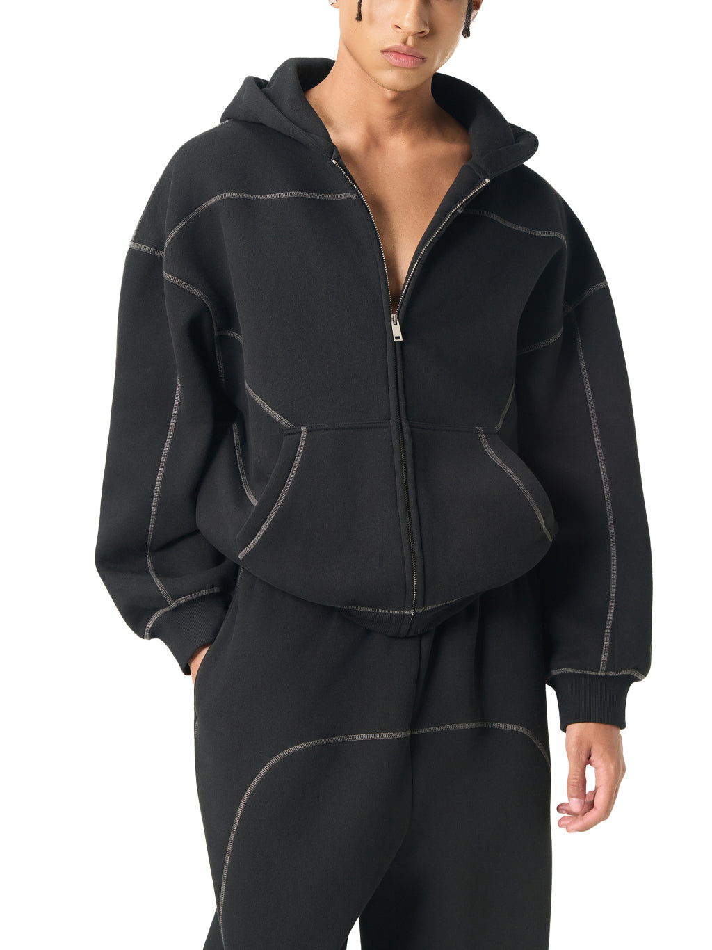 CHP-Contrast-Stitched Boxy Fleece Zip Hoodie